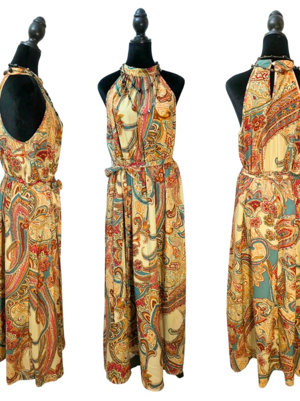 Boho Paisley Halter Maxi Dress Set w Beaded Necklace 0XL Festival Earthy Indie